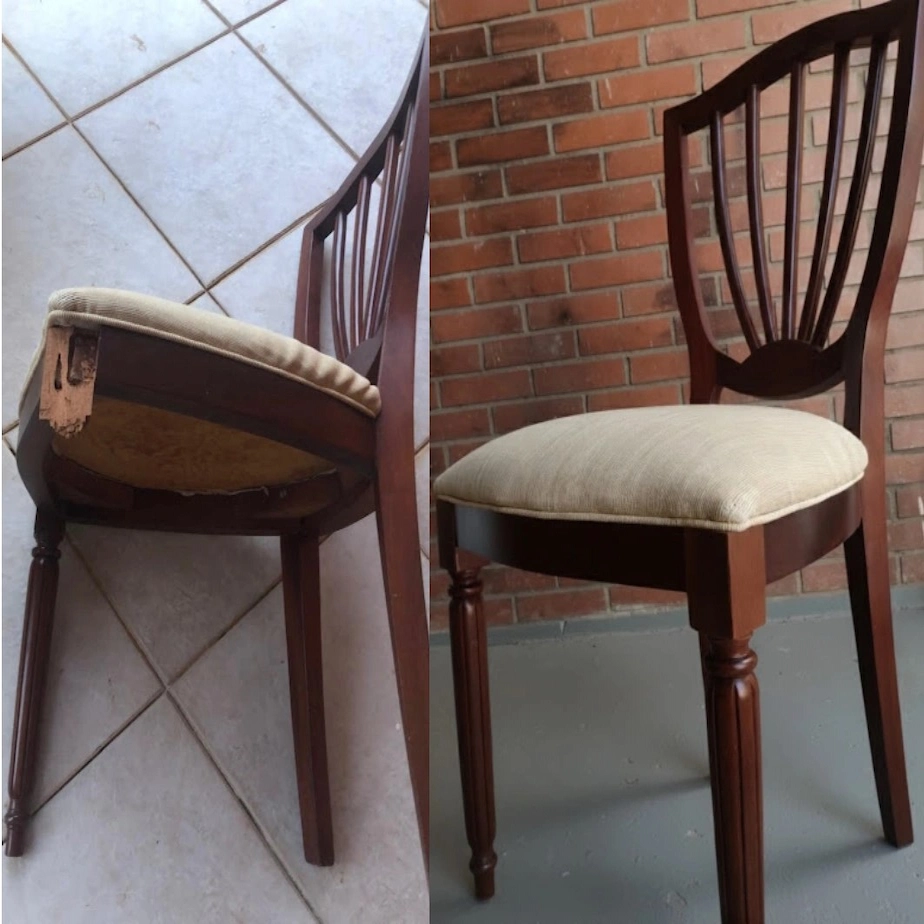 Imagem comparando uma cadeira com seu pé quebrado e a mesma com o pé restaurado